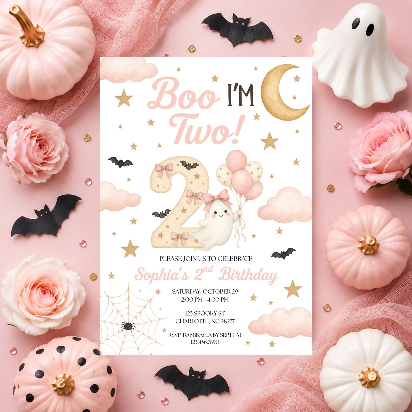 Boo I'm Two Birthday Invitation (Pink)