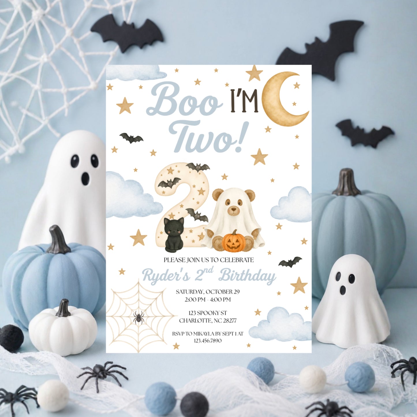 Boo I'm Two Birthday Invitation (Blue)