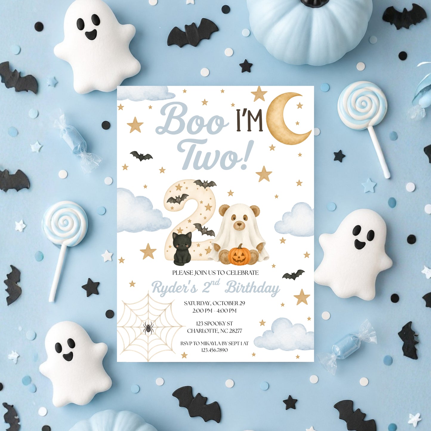 Boo I'm Two Birthday Invitation (Blue)