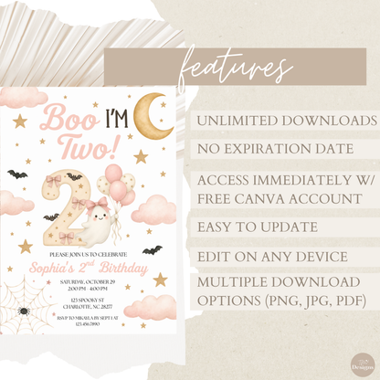 Boo I'm Two Birthday Invitation (Pink)