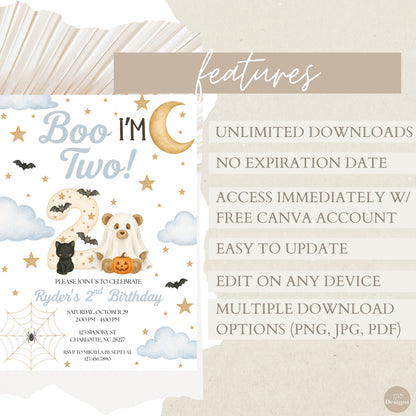 Boo I'm Two Birthday Invitation (Blue)